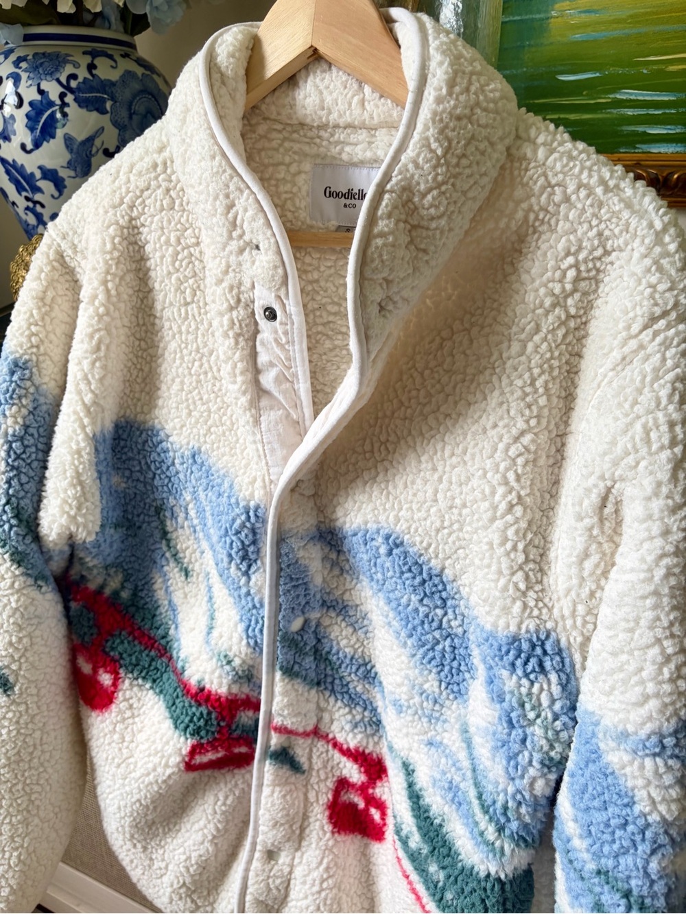 Goodfellow & Co Cream Sherpa Zip-Up Jacket with Blue, Green & Red Scenic Print - Picture 5 of 7